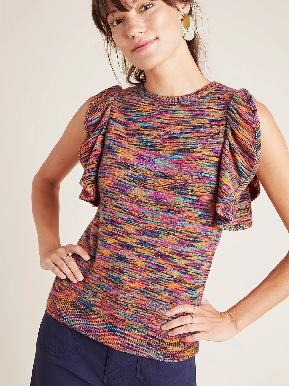 Anthropologie Ruby Flutter Sleeve Knit Top Colorfull Feminine Boho Medium